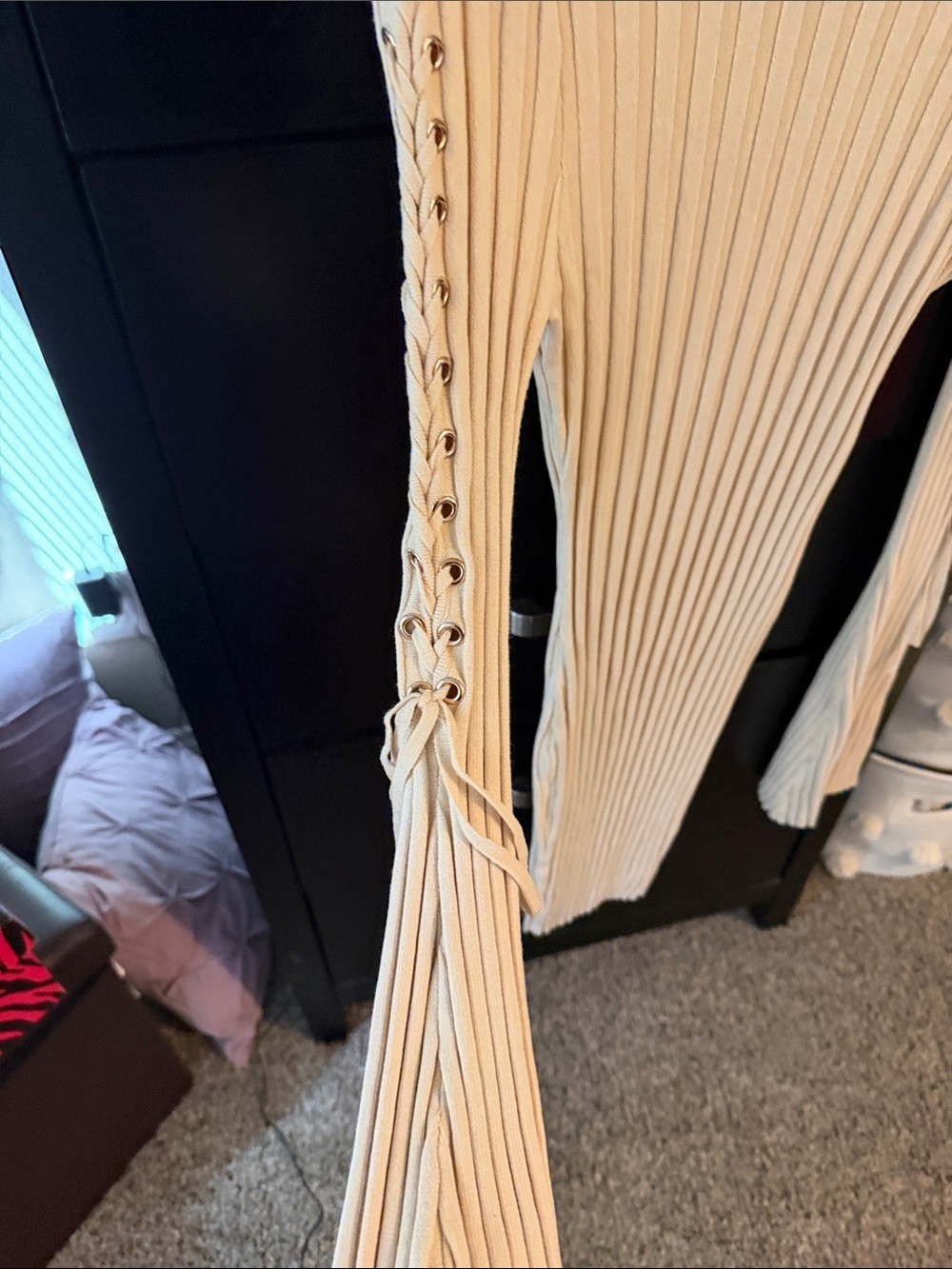 Fashion Nova Cream Ribbed Lace-Up Sleeve Sweater Dress - Picture 3 of 3